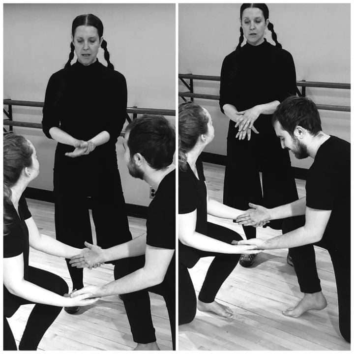 Treena Stubel leading a theatrical intimacy workshop with two participants.
